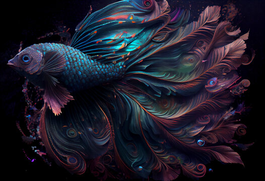 An adorable cartoon fish with a long colored tail and fins.