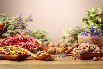 Herbal tea mix and various dried medicinal plants.