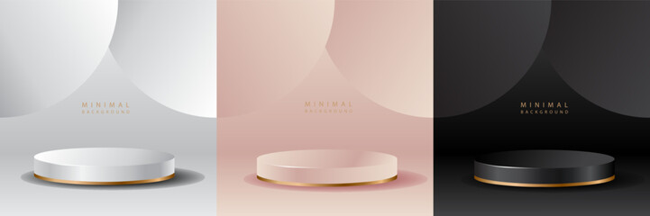 Luxury background with realistic cylinder pedestal podium. Abstract vector rendering geometric forms. Mockup product display. Stand to show products. Minimal wall scene. Stage showcase.
