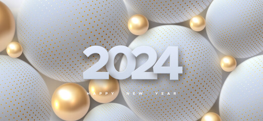 Happy New 2024 Year. Holiday vector illustration of white paper numbers 2024 and abstract balls or bubbles. 3d sign. Festive poster or banner design. Party invitation