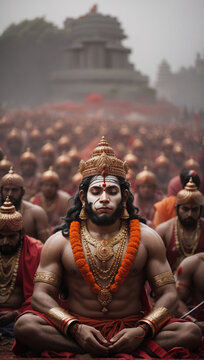 "Beneath celestial glow ,Lord Hanuman meditates profound, devotee's love, an eternal surround."