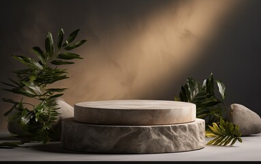Stone podium for product display mockup. Natural rock texture podium display stand. Beauty cosmetic product, perfume, and natural product placement pedestal present minimal display concept.