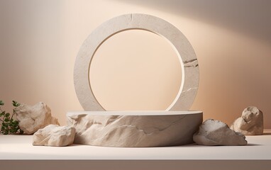 Marble stone podium product display. Clean marble texture for beauty cosmetic product placement pedestal present minimal display,summer paradise dreamy concept.