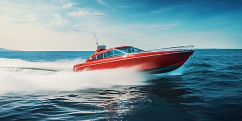 Fototapeta premium AI Generated. AI Generative. Fast speed boat ship yacht in the open sea ocean cruise vacation. Graphic Art