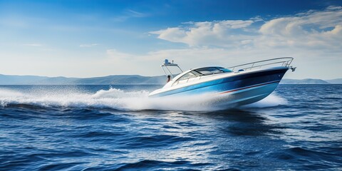 Naklejka premium AI Generated. AI Generative. Fast speed boat ship yacht in the open sea ocean cruise vacation. Graphic Art