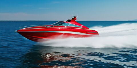 Fototapeta premium AI Generated. AI Generative. Fast speed boat ship yacht in the open sea ocean cruise vacation. Outdoor water sky adventures