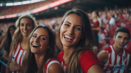 Fototapeta premium attractive girls group as soccer fan exicting football match and cheer up in stadium, Generative AI
