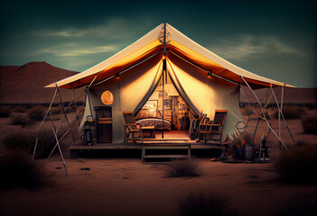 Tourism concept. Big tent at night. Abstract illustration. AI generated.