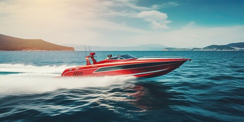 Fototapeta premium AI Generated. AI Generative. Fast speed boat ship yacht in the open sea ocean cruise vacation. Outdoor water sky adventures