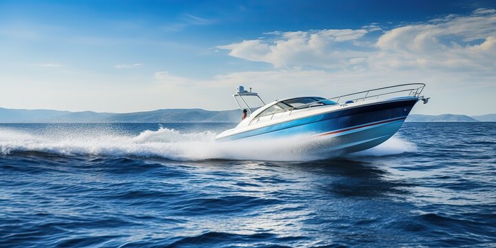 AI Generated. AI Generative. Fast speed boat ship yacht in the open sea ocean cruise vacation. Graphic Art