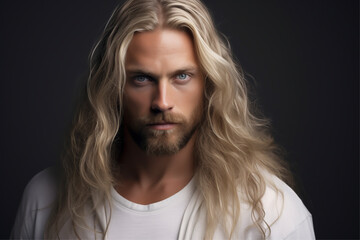 Close-up portrait of a very handsome man with gray eyes, long blond hair and a short blond beard, wearing a white shirt - copy space, isolated, dark background