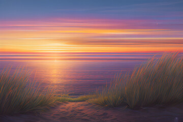Fototapeta na wymiar Ocean Sunset Nature Landscape Background Shining Sky Over Sea With Island ai generated 