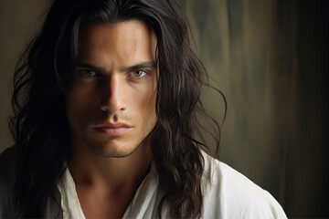 Close-up portrait of a very handsome man with green eyes, long dark brown hair, and a stubble beard, wearing a white shirt - copy space, isolated, dark background