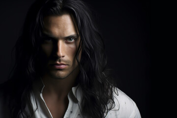 Close-up portrait of a very handsome man with green eyes, long dark brown hair, and a stubble beard, wearing a white shirt
 - copy space, isolated, black background