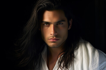 Close-up portrait of a very handsome man with brown eyes, long dark brown hair, and a stubble beard, wearing a white shirt - copy space, isolated, black background