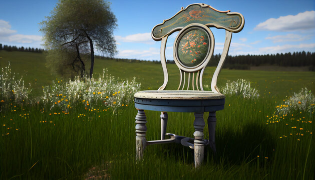 Vintage chair on a green meadow, abstract illustration. AI generated.