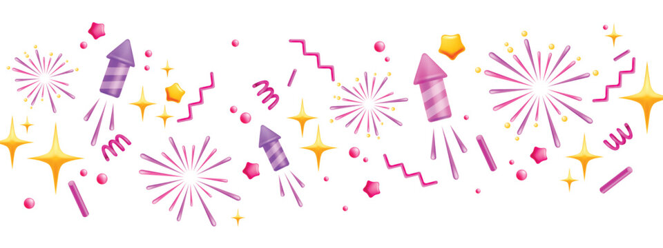 3D Firework Vector Diwali Holiday Background, Vector Surprise Firecracker Spark Festive Border, Star. Celebrate Confetti Banner, Party Rocket Cracker, New Year Independence Day Sparkler. 3D Firework