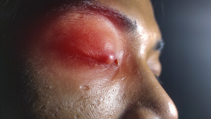 Close the abscess in the eye. hordeolum. stybarley in the eye. red eye, stye, light background