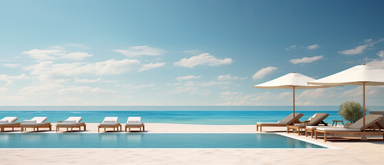 Naklejka na ściany i meble The hotel pool with lounges and umbrellas by the beach. Generative AI
