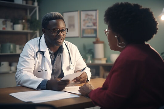 African American doctor consults an elderly patient. Medical consultation. AI generated.