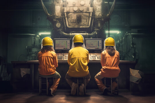 Three young relaxed operators watching robot working in an industrial enviroment. Back view. Generative AI.