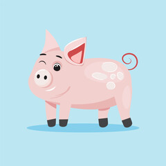 Vector cartoon illustration of a cute pig on blue background.
