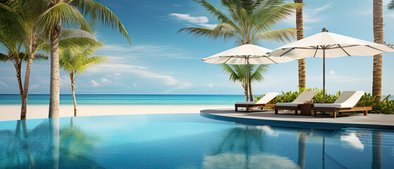 Luxurious swimming pool and loungers umbrellas near beach and sea with palm trees and blue sky....