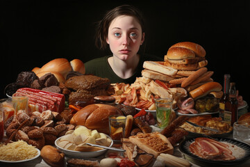 Overeating harm concept. A hungry person drowns in a pile of food. AI generated.