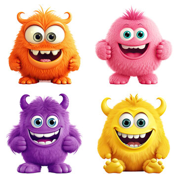 a collection of cute colorful fuzzy grinning monsters isolated on a transparent background, generative ai