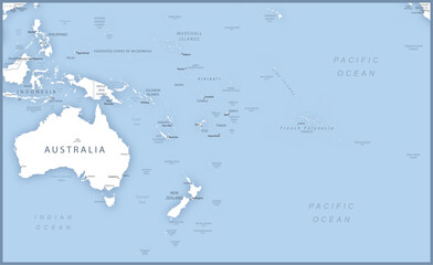 Map of Australia and Oceania with names of countries, capitals and cities.