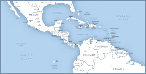 Map of Central America with names of countries, capitals and cities. - obrazy, fototapety, plakaty