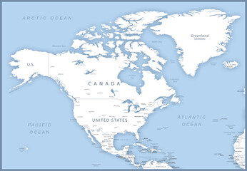 Map of North America with names of countries, capitals and cities.