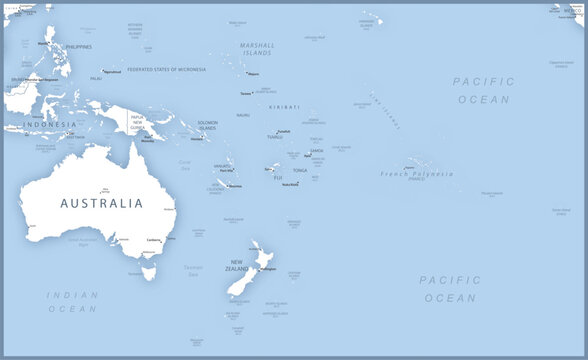 Map Of Australia And Oceania With Names Of Countries, Capitals And Cities.