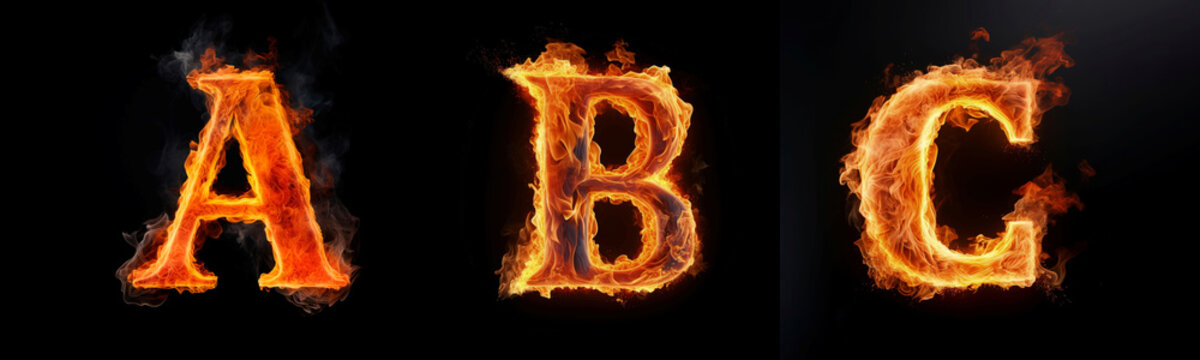 Capital letters of the English alphabet A, B, C consisting of a flame. Burning letters. Letter of fire flames alphabet on black background.