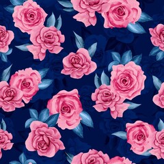 Watercolor flowers pattern, red tropical elements, blue leaves, navy blue background, seamless