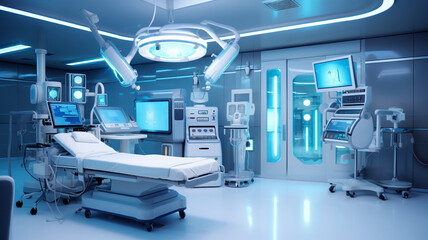 New modern equipment and devices in a medical clinic. Hospital interior. AI generated.