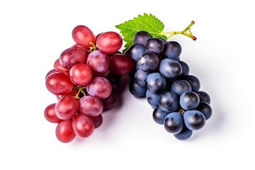 Fototapeta premium Red and blue grapes with leaves isolated on white background.Generative Ai.