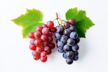 Fototapeta premium Red and blue grapes with leaves isolated on white background.Generative Ai.