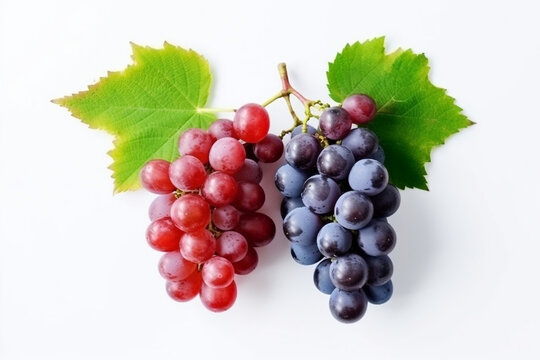 Red and blue grapes with leaves isolated on white background.Generative Ai.