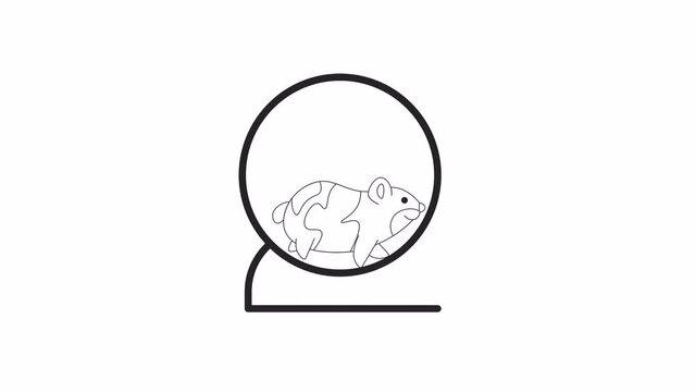 Hamster in wheel running bw 2D character animation. Cute animal playing in circle outline cartoon 4K video, alpha channel. Rodent activity. Hamster racing animated animal isolated on white background