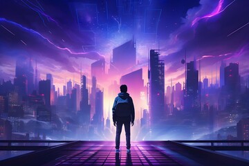 boy walking in  a cyberpunk style city. generative AI illustration.