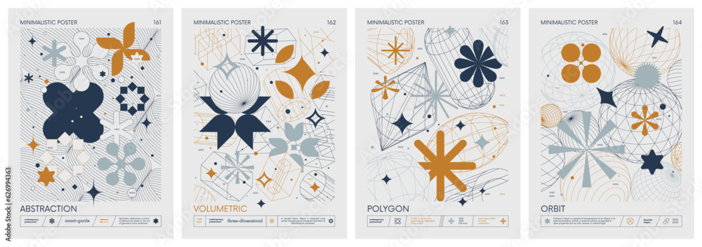 Fototapete Futuristic retro vector color minimalistic Posters with 3d strange wireframes form graphic of geometrical shapes modern design inspired by brutalism and silhouette basic figures, set 41