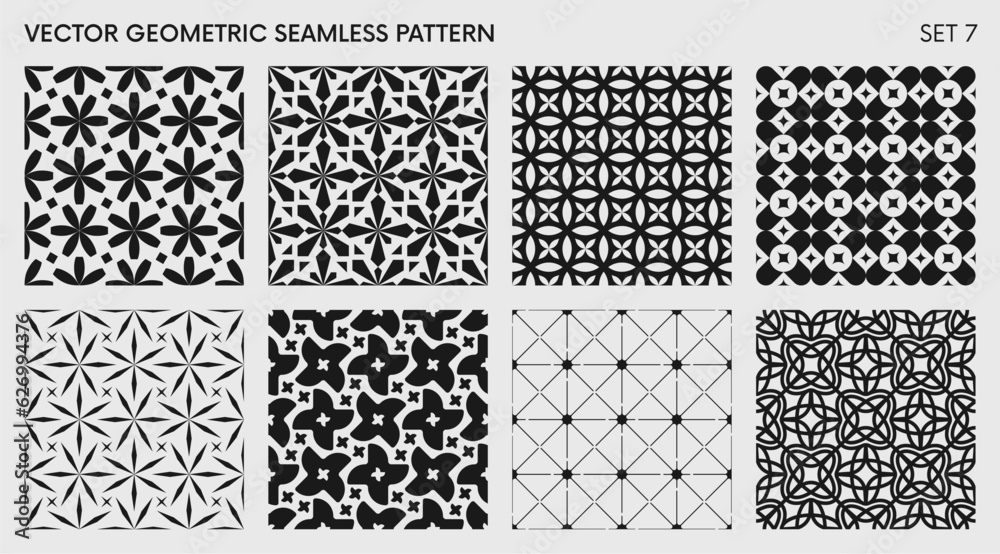 Fototapete Seamless vector elegant abstract geometric pattern for various design, Black and white rhythmic repeating texture, creative modern background with element various shapes, set 7