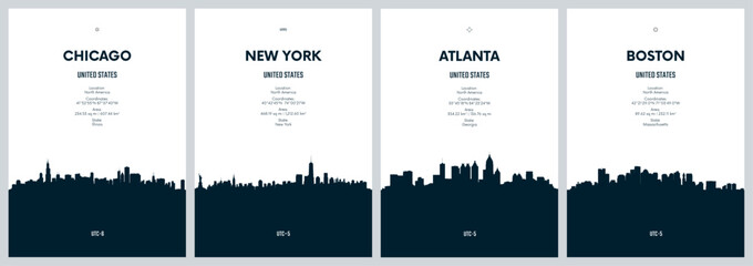Travel vector set with city skylines New York, Chicago, Atlanta, Boston, Detailed city skylines minimalistic graphic artwork