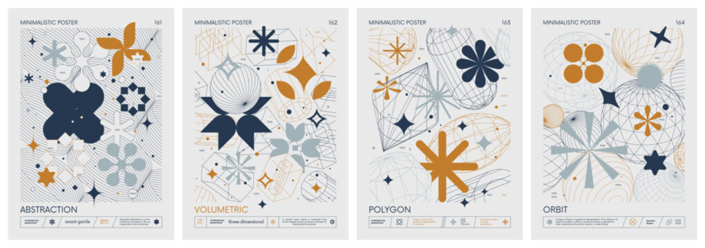 Futuristic retro vector color minimalistic Posters with 3d strange wireframes form graphic of geometrical shapes modern design inspired by brutalism and silhouette basic figures, set 41