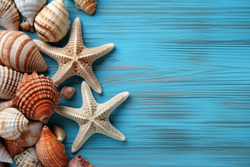 Fototapeta na wymiar Shells and star fish on a wooden blue background.Generative Ai.