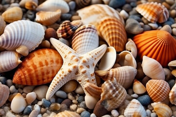 Sea shells and starfish on the sand.Generative Ai.