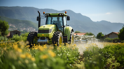 Tractor fertilizes crops Generative AI - obrazy, fototapety, plakaty