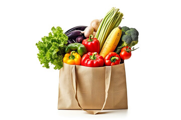 Shopping bags with fruits and vegetables isolated on white background.Generative Ai.