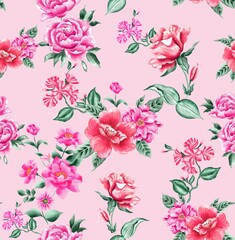 Watercolor flowers pattern, red and pink tropical elements, green leaves, pink background, seamless